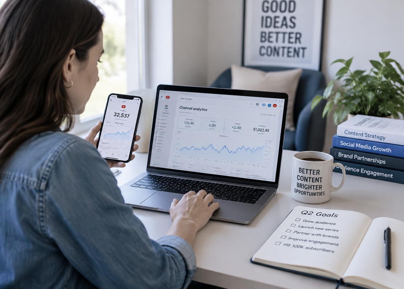 Creator reviewing YouTube and LinkedIn audience growth analytics after authority building