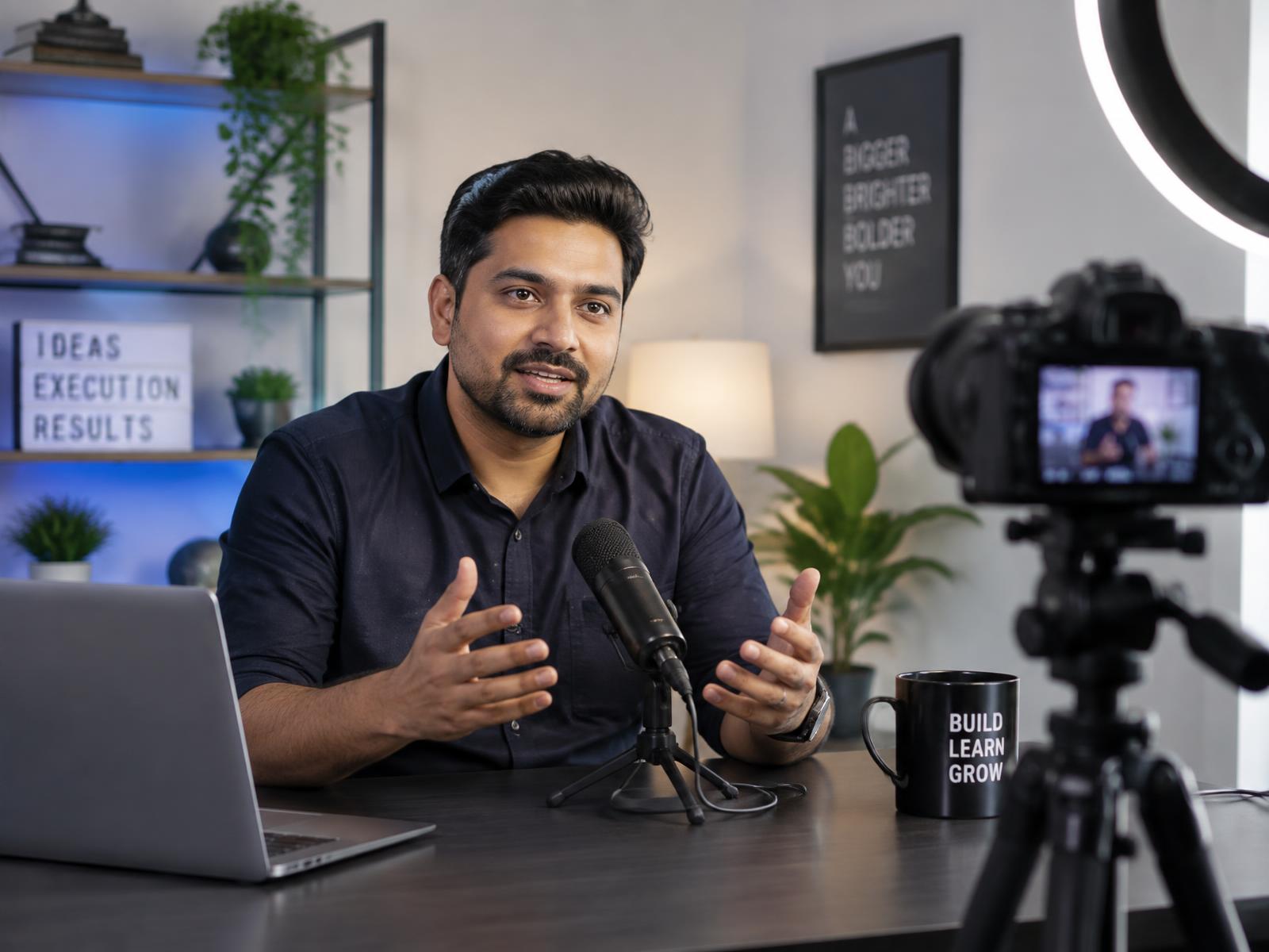 Expert recording a video in a studio while building personal authority on YouTube, LinkedIn and Instagram